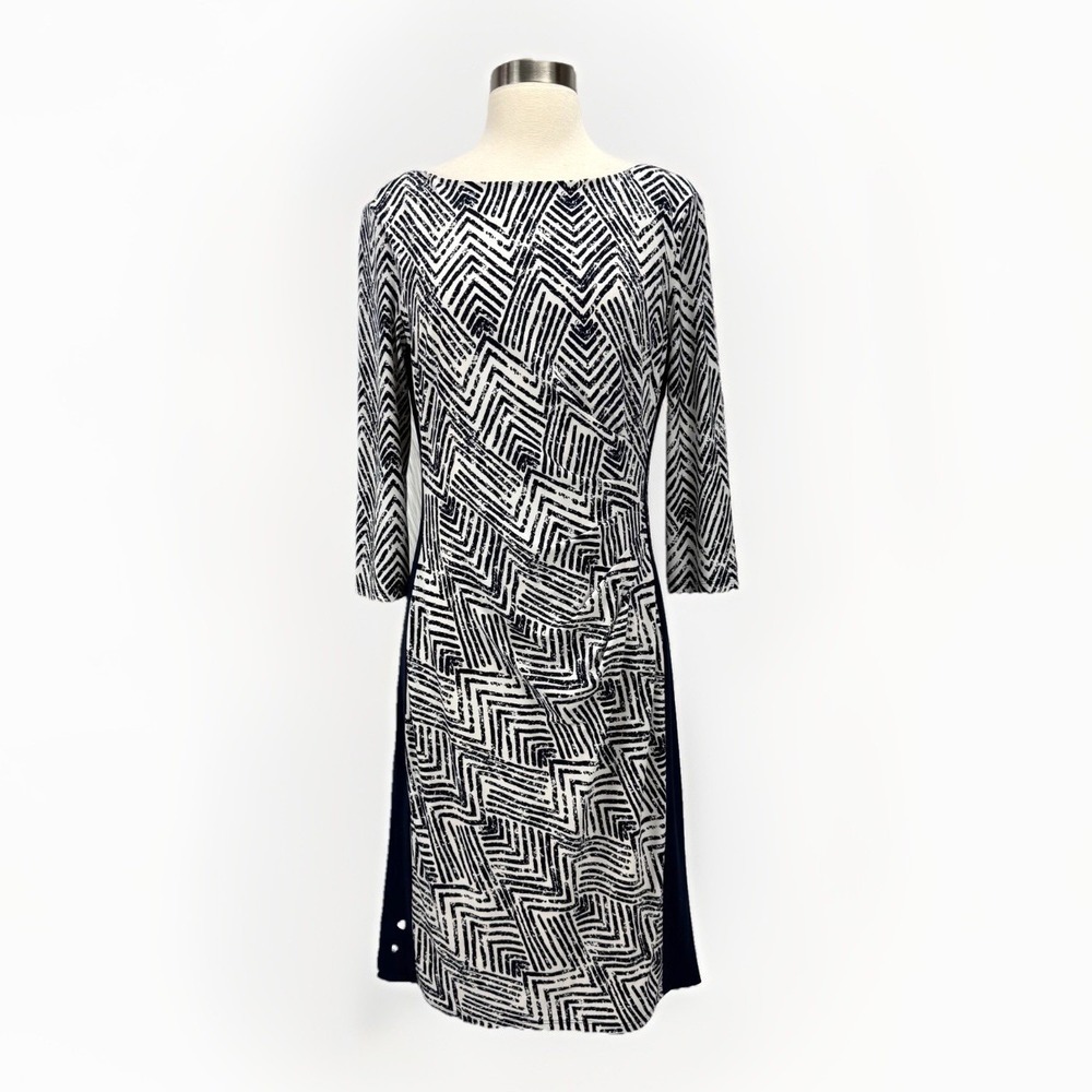 Lauren Ralph Lauren Dress Navy White Sz 10 Geometric Print Ruched 3/4 Sleeve